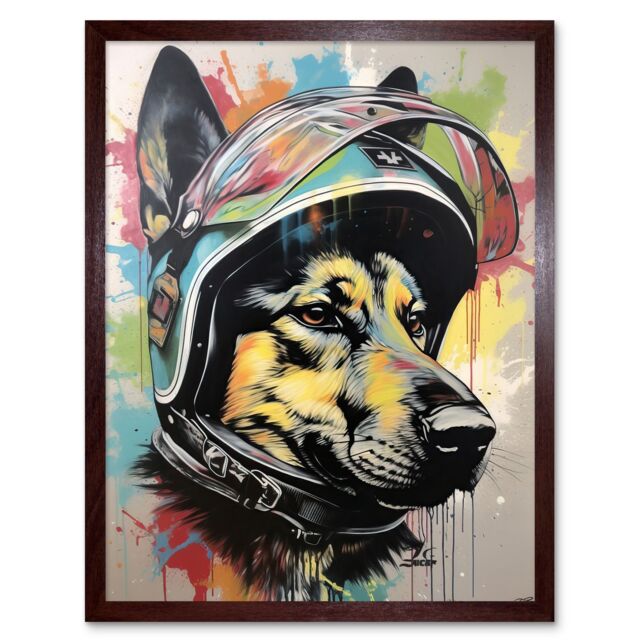 "Artery8 Wall Art Print German Shepherd Dog Wearing Motorcycle Helmet Art Framed in Brown - Size: W12"" x H16""" - image 1