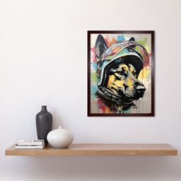"Artery8 Wall Art Print German Shepherd Dog Wearing Motorcycle Helmet Art Framed in Brown - Size: W12"" x H16""" - thumbnail 2