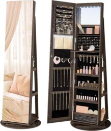 SONGMICS LED Swivel Mirror Jewellery Cabinet with Lockable Storage in Dark Brown - thumbnail 7