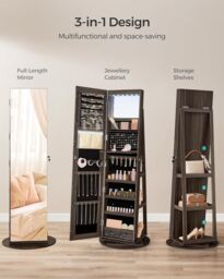 SONGMICS LED Swivel Mirror Jewellery Cabinet with Lockable Storage in Dark Brown - thumbnail 3