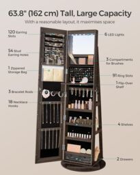 SONGMICS LED Swivel Mirror Jewellery Cabinet with Lockable Storage in Dark Brown - thumbnail 5