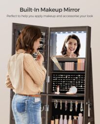 SONGMICS LED Swivel Mirror Jewellery Cabinet with Lockable Storage in Dark Brown - thumbnail 6