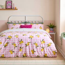 Heya Home Gingham Lemons Reversible Duvet Cover Set in Pink - Size: Single - thumbnail 1
