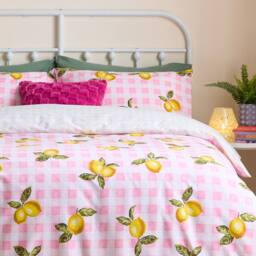 Heya Home Gingham Lemons Reversible Duvet Cover Set in Pink - Size: Single - thumbnail 3