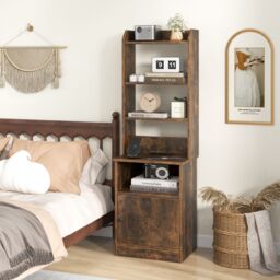Gymax Tall Nightstand With Shelves Bedside Tables With Charging Station in Brown - thumbnail 7