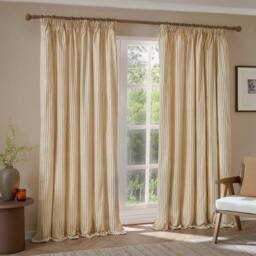 Yard Hebden Striped 100% Cotton Lined Pencil Pleat Curtain Pair in Yellow - Size: 117 cm width x 137 cm drop - thumbnail 2
