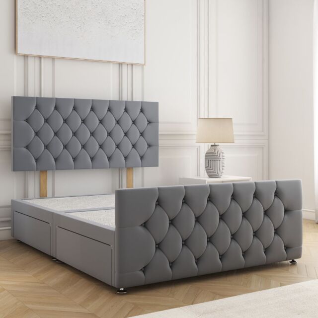 "BSSPOKE Maya Plush Velvet Divan Bed 24"" Headboard & No Mattress No Drawers in Charcoal - Size: Double" - image 1