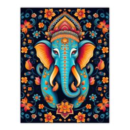 "Artery8 Wall Art Print Decorated Indian Elephant with Flower Pattern Vibrant Blue Orange Hindu Floral Design Poster - Size: W18"" x H24""" - thumbnail 1