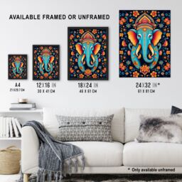 "Artery8 Wall Art Print Decorated Indian Elephant with Flower Pattern Vibrant Blue Orange Hindu Floral Design Poster - Size: W18"" x H24""" - thumbnail 3