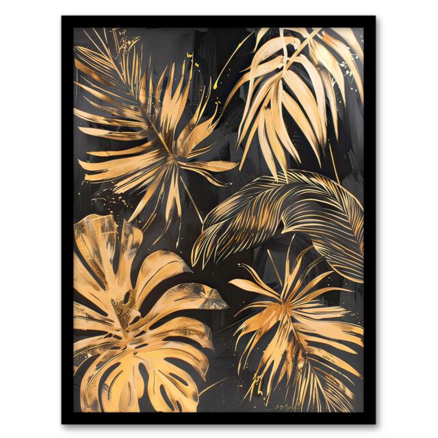 "Artery8 Golden Monstera Leaf Palm Frond Dark Plant Lover Framed Art Print in Gold - Size: W12"" x H16""" - image 1