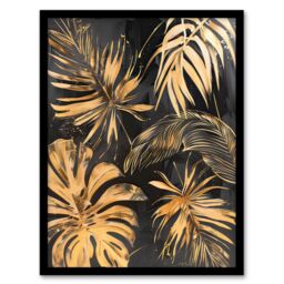 "Artery8 Golden Monstera Leaf Palm Frond Dark Plant Lover Framed Art Print in Gold - Size: W12"" x H16""" - thumbnail 1