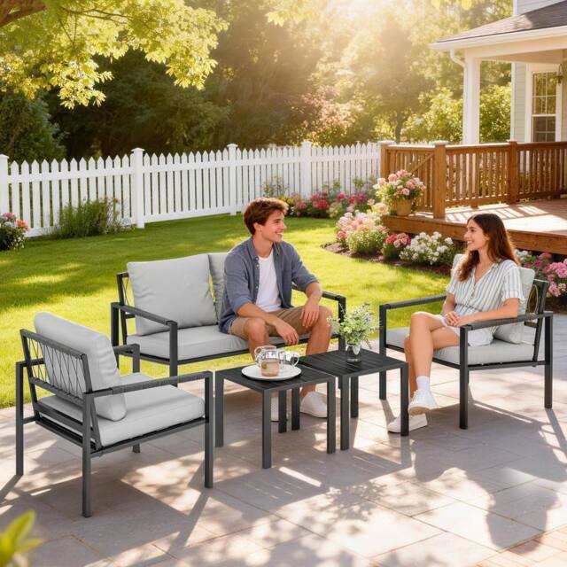 OUTSUNNY 5 Piece Metal Garden Furniture Sofa Set with Cushions, Light Grey - image 1