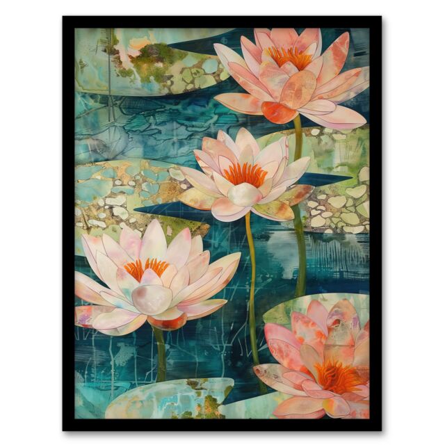 "Artery8 Tranquil Pink Water Lilies on Calm Pond Artwork Framed Art Print in Blue - Size: W12"" x H16""" - image 1