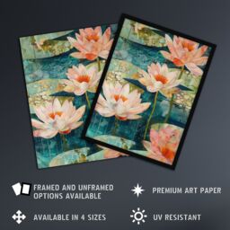 "Artery8 Tranquil Pink Water Lilies on Calm Pond Artwork Framed Art Print in Blue - Size: W12"" x H16""" - thumbnail 2