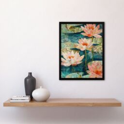 "Artery8 Tranquil Pink Water Lilies on Calm Pond Artwork Framed Art Print in Blue - Size: W12"" x H16""" - thumbnail 4