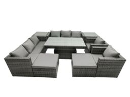 Fimous Rattan Dining Table Sofa Set with 2 Side Tables Stools Outdoor 10 Seat in Dark Grey - thumbnail 2