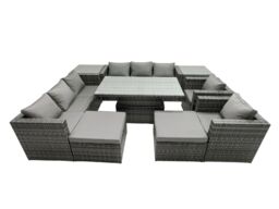 Fimous Rattan Dining Table Sofa Set with 2 Side Tables Stools Outdoor 10 Seat in Dark Grey - thumbnail 1