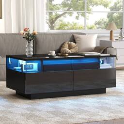 KORVIXA Black Coffee Table with 2 Storage Drawers - Size: 100 cm x 100 cm - thumbnail 3