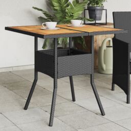 Berkfield Home Garden Table with Acacia Wood Top Black 80x80x75 cm Poly Rattan - Size: 80 x 80 x 75 cm