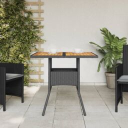 Berkfield Home Garden Table with Acacia Wood Top Black 80x80x75 cm Poly Rattan - Size: 80 x 80 x 75 cm - thumbnail 3