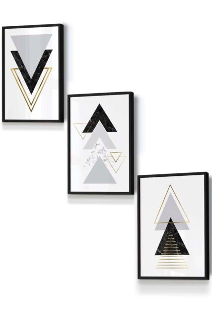 ARTZE Black Grey Geometric Triangle Set Framed Wall Art - Small - Size: W33 cm x H45 cm x D20mm - image 1