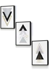 ARTZE Black Grey Geometric Triangle Set Framed Wall Art - Small - Size: W33 cm x H45 cm x D20mm - thumbnail 1