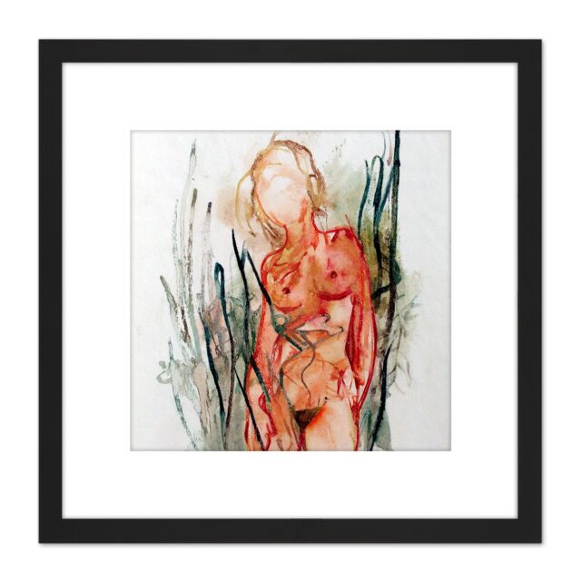 Artery8 Women Nude Sketch Painting 8X8 Inch Square Wooden Framed Wall Art Print Picture with Mount in Black
