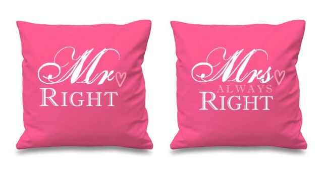"60 SECOND MAKEOVER Mr Right Mrs Always Right Pink Cushion Covers 16"" x 16"" Couples Cushions Valentines Wedding Anniversary Bedroom Decorati"