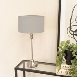 ValueLights Maggie Brushed Chrome Candlestick Table Lamp with Fabric Drum Shade & LED Bulb in Grey - thumbnail 3