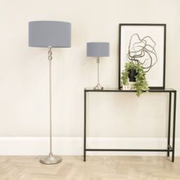 ValueLights Maggie Brushed Chrome Candlestick Table Lamp with Fabric Drum Shade & LED Bulb in Grey - thumbnail 5