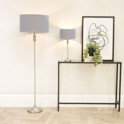 ValueLights Maggie Brushed Chrome Candlestick Table Lamp with Fabric Drum Shade & LED Bulb in Grey - thumbnail 4