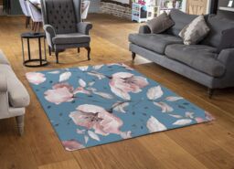 Benjamin Tate Design Pink Flowers On Blue Rug in Natural - Size: Large - thumbnail 2