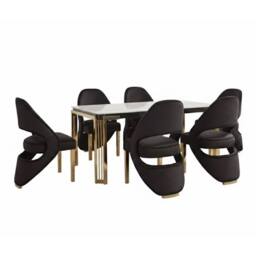 HOME LUXE INTERIOR Sorrento White Marble 180cm Table & 6 Santorini Black & Gold Chairs
