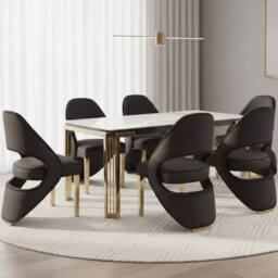 HOME LUXE INTERIOR Sorrento White Marble 180cm Table & 6 Santorini Black & Gold Chairs - thumbnail 2