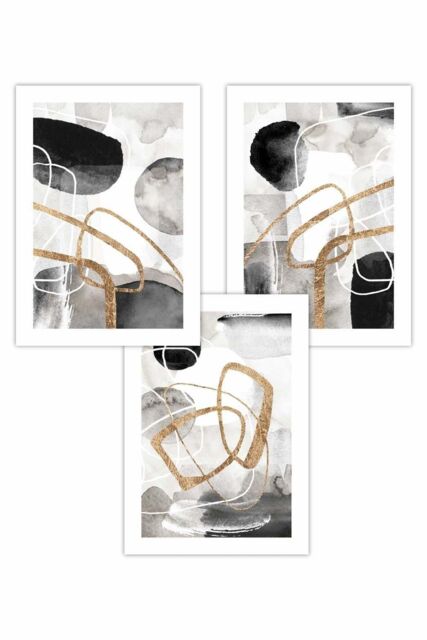 ARTZE Set of 3 Abstract Black Grey & Gold Watercolour Shapes Art Posters - Size: W50 cm x H70 cm - image 1