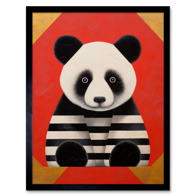 "Artery8 Wall Art Print Panda with Stripes Fun Kids Bedroom Baby Nursery Bright Bold Artwork Red Black White Art Framed - Size: W12"" x H16""" - image 1