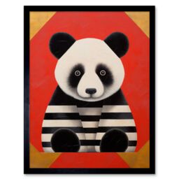 "Artery8 Wall Art Print Panda with Stripes Fun Kids Bedroom Baby Nursery Bright Bold Artwork Red Black White Art Framed - Size: W12"" x H16""" - thumbnail 1