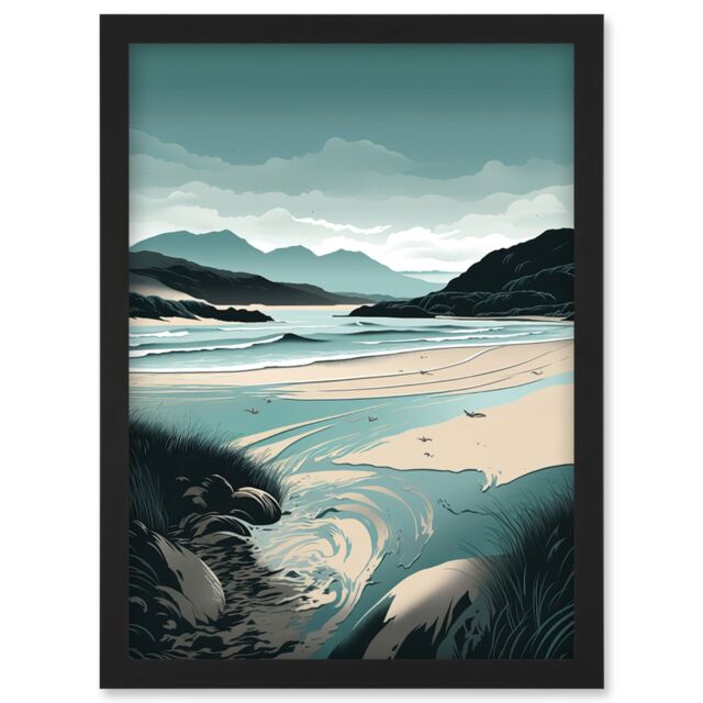 Artery8 Luskentyre Sands Coastal Landscape Illustration Artwork Framed Wall Art Print A4 in Black - image 1