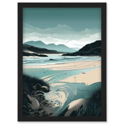 Artery8 Luskentyre Sands Coastal Landscape Illustration Artwork Framed Wall Art Print A4 in Black - thumbnail 1