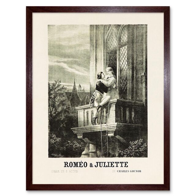 "Artery8 Wall Art Print Romeo & Juliet French Advert Theatre Stage Play Shakespeare France Vintage Opera Poster Art Framed in Brown - Size: W12"" x H16""" - image 1