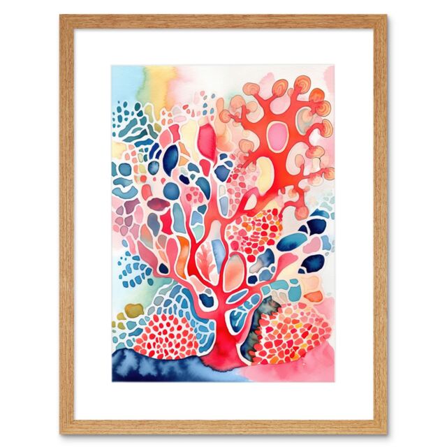 "Artery8 Wall Art Print Pink & Blue Coral Folk Art Watercolour Painting Artwork Framed 9X7 Inch in Beige - Size: W7"" x H9""" - image 1