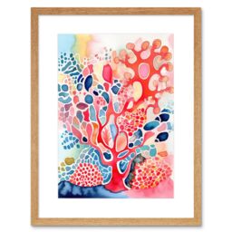 "Artery8 Wall Art Print Pink & Blue Coral Folk Art Watercolour Painting Artwork Framed 9X7 Inch in Beige - Size: W7"" x H9""" - thumbnail 1