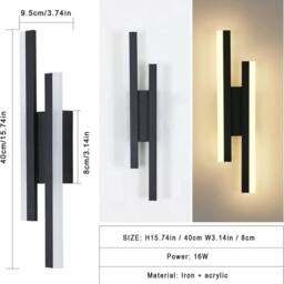 Kelvenix Modern LED Wall Lights Indoor 16W Acrylic Wall Lamp 3000K Bedside in Black - thumbnail 2