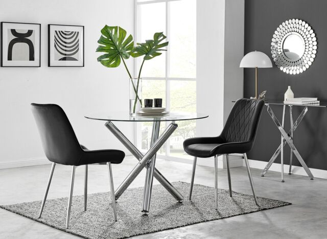 FurnitureboxUK Selina Round Glass Chrome Leg Dining Table & Pesaro Silver Leg Chairs in Black - Size: 4 Person - image 1