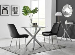 FurnitureboxUK Selina Round Glass Chrome Leg Dining Table & Pesaro Silver Leg Chairs in Black - Size: 4 Person - thumbnail 1