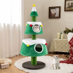 Costway Christmas Cat Tree Cute Cat Tower for Indoor Cats w/ 2 Condos in Green - thumbnail 8