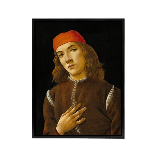 "Artery8 Portrait of a Youth Botticelli Vintage Black Framed Canvas Wall Art - Size: W12"" x H16""" - image 1
