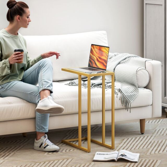 HOMCOM C-Shaped Side Table, End Table with Tempered Glass Tabletop, Gold - image 1