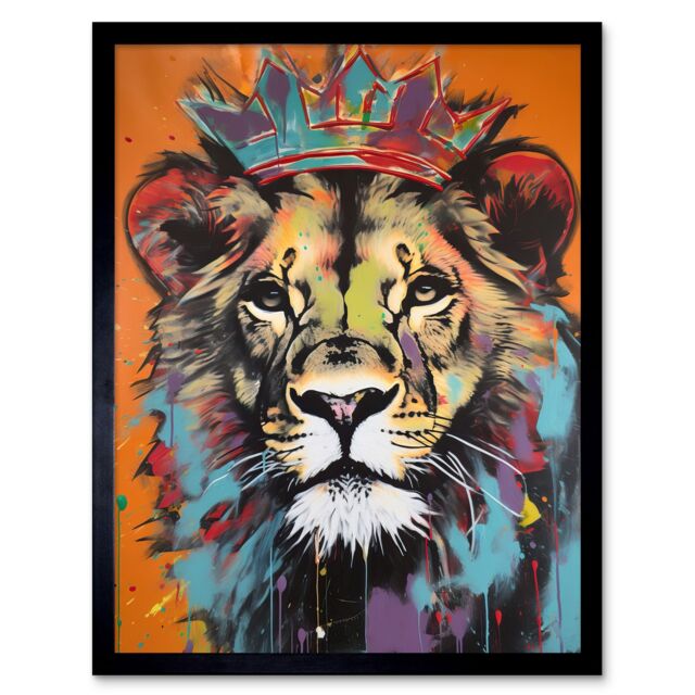 "Artery8 Wall Art Print Lion Wearing Crown Jungle King Animal Portrait Art Framed in Black - Size: W12"" x H16""" - image 1