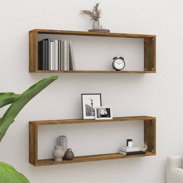Berkfield Home Wall Cube Shelves 2 pcs Smoked Oak 100x15x30 cm Engineered Wood in Brown - Size: 100 x 15 x 30 cm - image 1